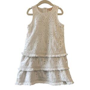 PINK CHICKEN White Eyelet Dress Girls 6 Tiered Sleeveless Boho Fringe Hem Cotton
